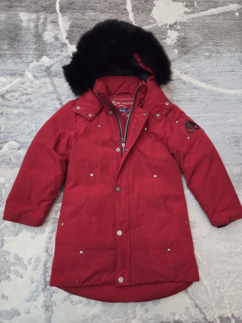 Moose Knuckles Red Kids Puffer Coat with Black Fur-Trim Hood